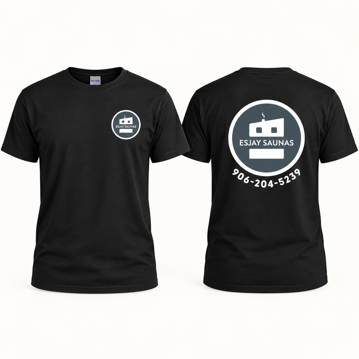 Esjay Saunas black T-shirt front and back mockup