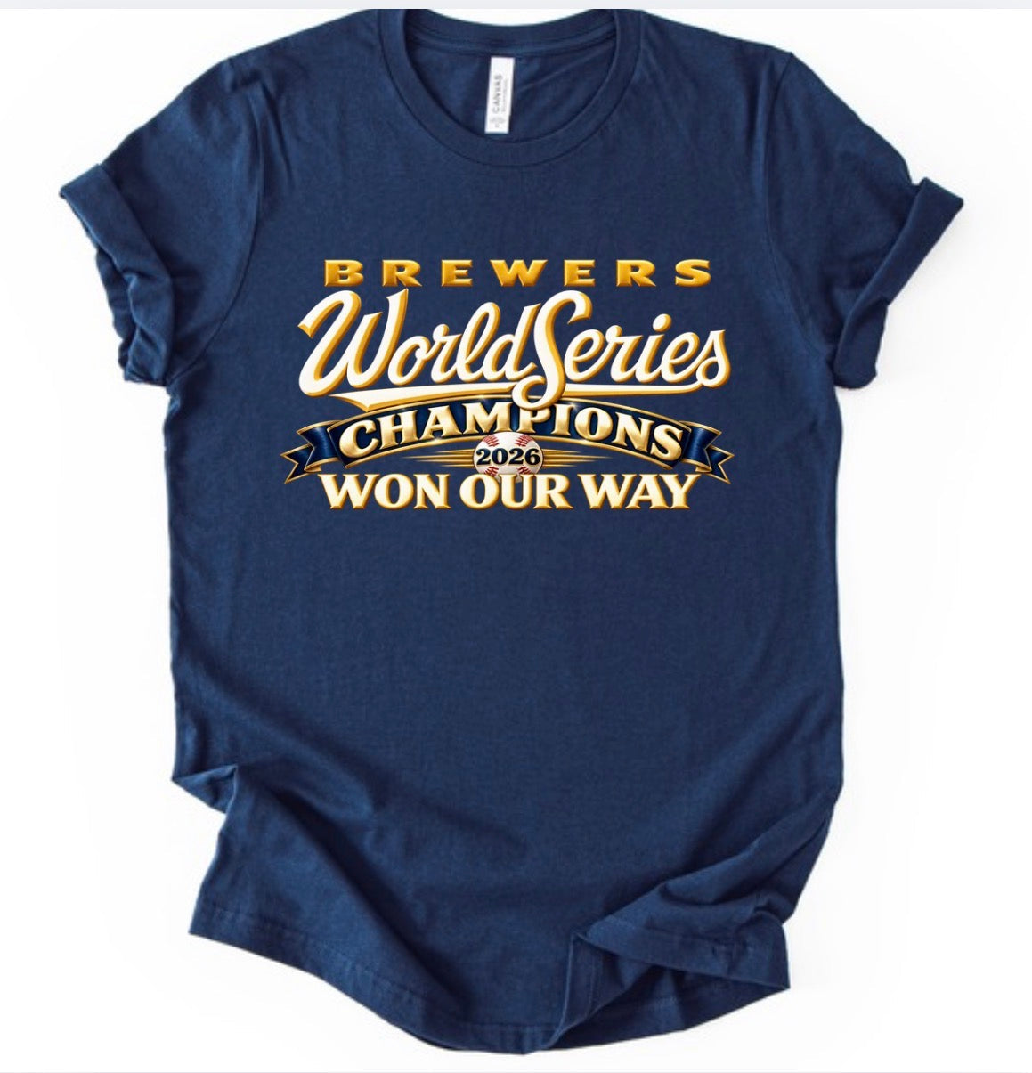 Navy Brewers-themed T-shirt flat lay