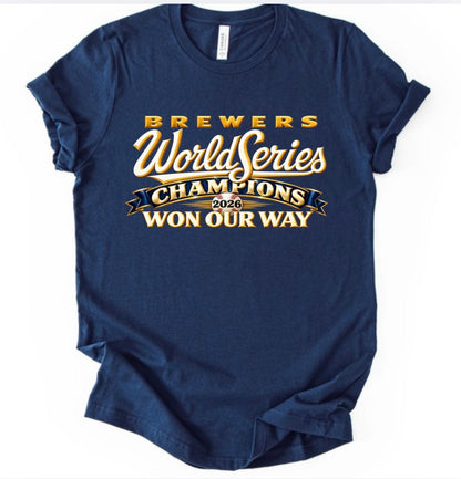 Navy Brewers-themed T-shirt flat lay