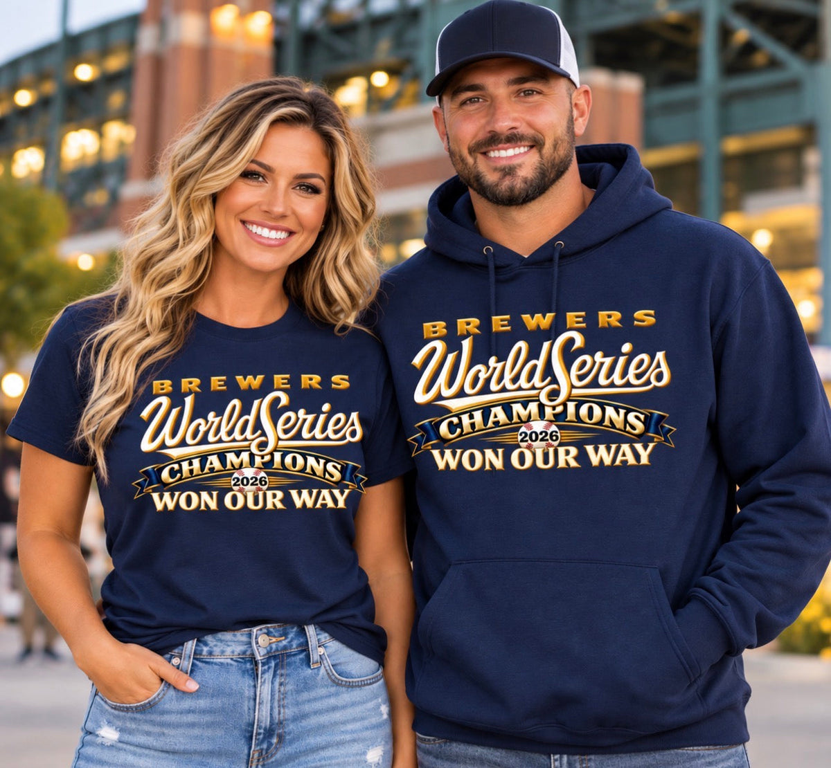 Navy Brewers-themed T-shirt and hoodie modeled together