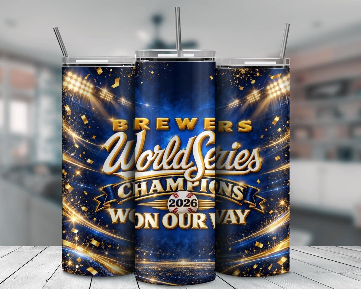 Navy and gold Brewers-themed 20 oz skinny tumbler mockup