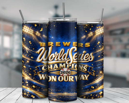 Navy and gold Brewers-themed 20 oz skinny tumbler mockup