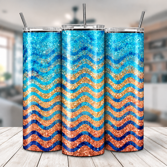 Three views of Blue & Rose Gold Glitter Waves 20 oz tumbler