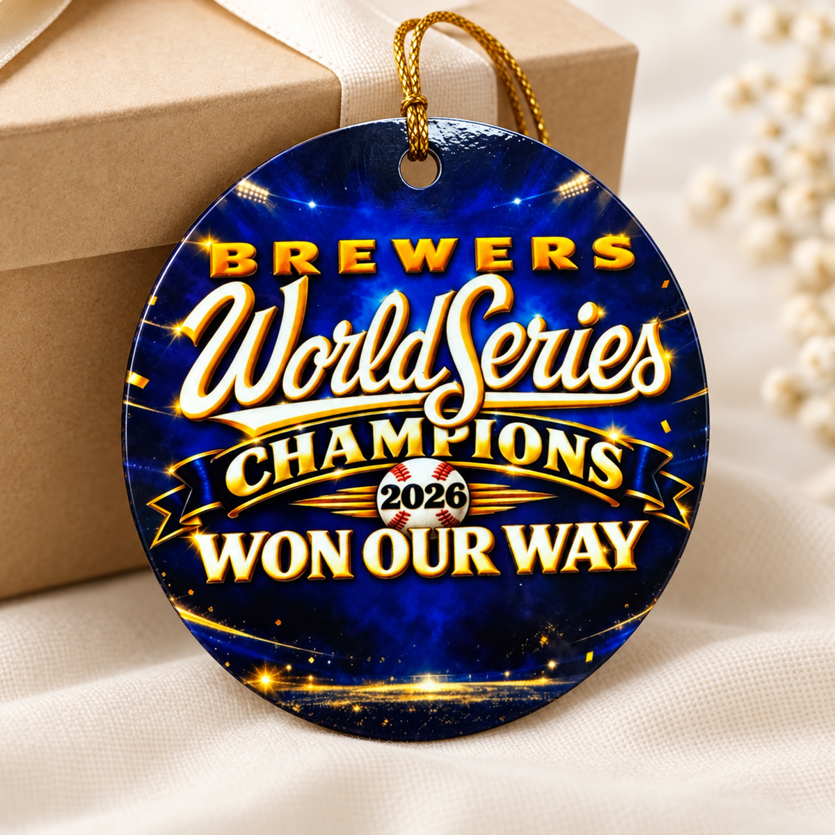Brewers 2026 Won Our Way ornament with blue and gold design