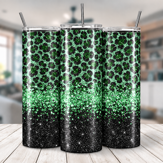 Three views of Emerald Leopard Sparkle 20 oz tumbler