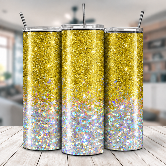 Three views of Gold & Iridescent Sparkle 20 oz tumbler