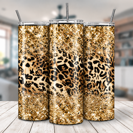 Three views of Gold Leopard Sparkle 20 oz tumbler