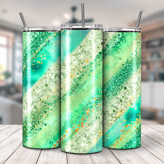 Three views of Mint & Gold Glitter Swirl 20 oz tumbler