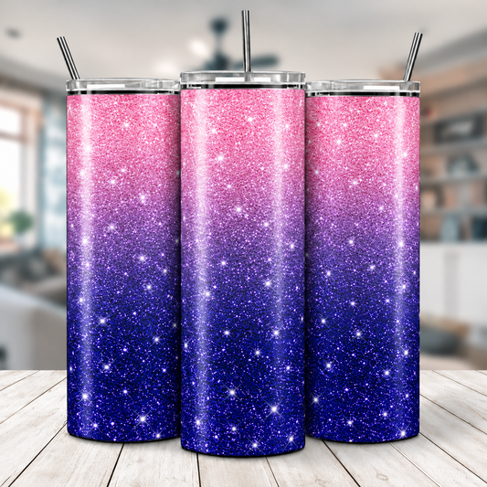 Three views of Pink Purple & Blue Sparkle Ombre 20 oz tumbler
