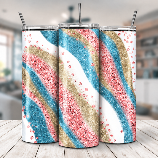 Three views of Pink Teal & Gold Glitter Swirl 20 oz tumbler
