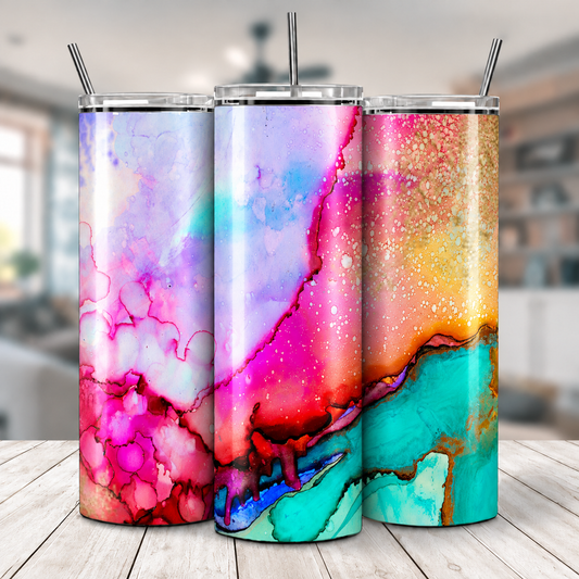 Three views of Rainbow Alcohol Ink 20 oz tumbler