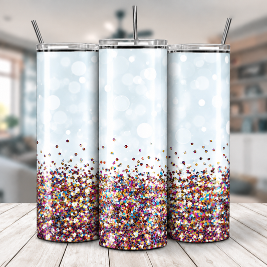 Three views of Rainbow Confetti 20 oz tumbler