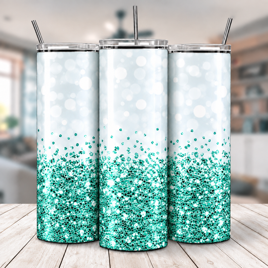 Three views of Teal Sparkle Ombre 20 oz tumbler