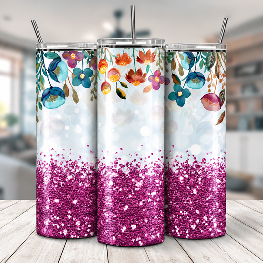 Three views of watercolor floral and magenta sparkle 20 oz tumbler